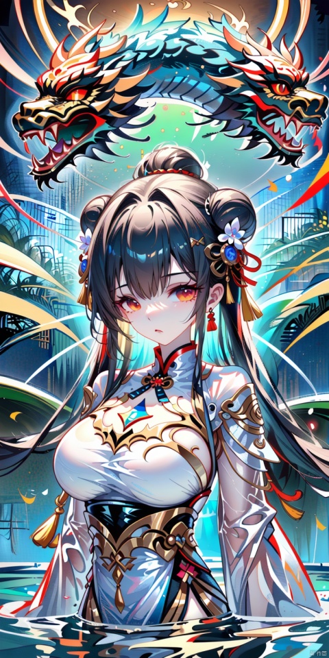  Ultra-clear, ultra-detailed, ((detailed depiction)), 1girl, solo, long hair, looking at viewer, bangs, black hair, hair ornament, red eyes, closed mouth, upper body, flower, hair bun, lips, orange eyes, double bun, chinese clothes, hair intakes, tassel, portrait, strapless dress, pelvic curtain, white background, yellow eyes, horns, water, motion blur, dragon, eastern dragon, ultimate picture quality, CG
