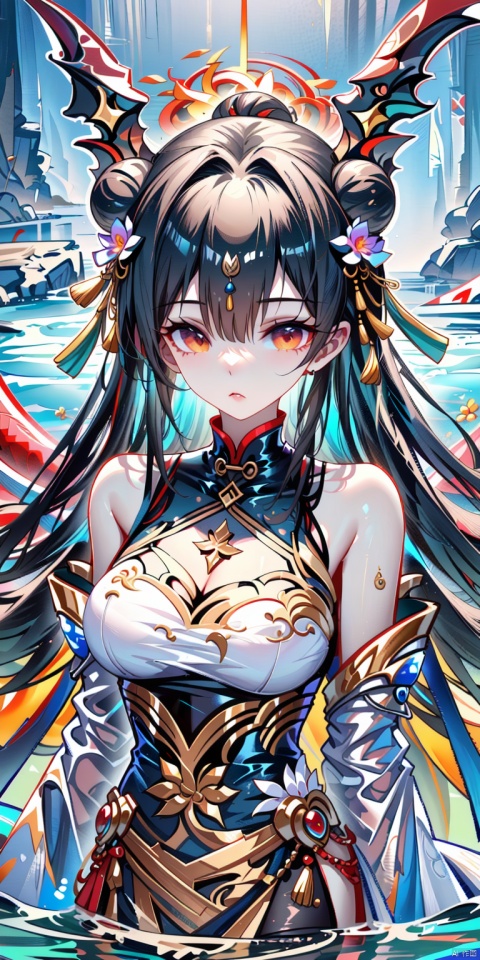  Ultra-clear, ultra-detailed, ((detailed depiction)), 1girl, solo, long hair, looking at viewer, bangs, black hair, hair ornament, red eyes, closed mouth, upper body, flower, hair bun, lips, orange eyes, double bun, chinese clothes, hair intakes, tassel, portrait, strapless dress, pelvic curtain, white background, yellow eyes, horns, water, motion blur, dragon, eastern dragon, ultimate picture quality, CG
