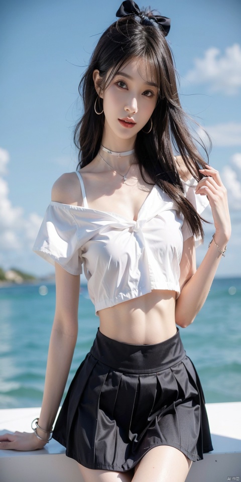  cowboy_shot,(Good structure), DSLR Quality,Short skirt,Blue sky, white clouds, ocean, nai3, 1girl, solo, crop top, , choker, navel, shirt, midriff, crop top overhang, looking at viewer, white shirt, jewelry, breasts, bare shoulders, off-shoulder shirt, off shoulder, black choker, thighs, stomach, long hair, bracelet, short sleeves, ribbon, hand up, collarbone, hair ribbon, medium breasts, , bra strap, , hair ornament, thigh gap, necklace, expressionless, , ,kind smile, , , , linzhiling, wangyushan, miniJK
