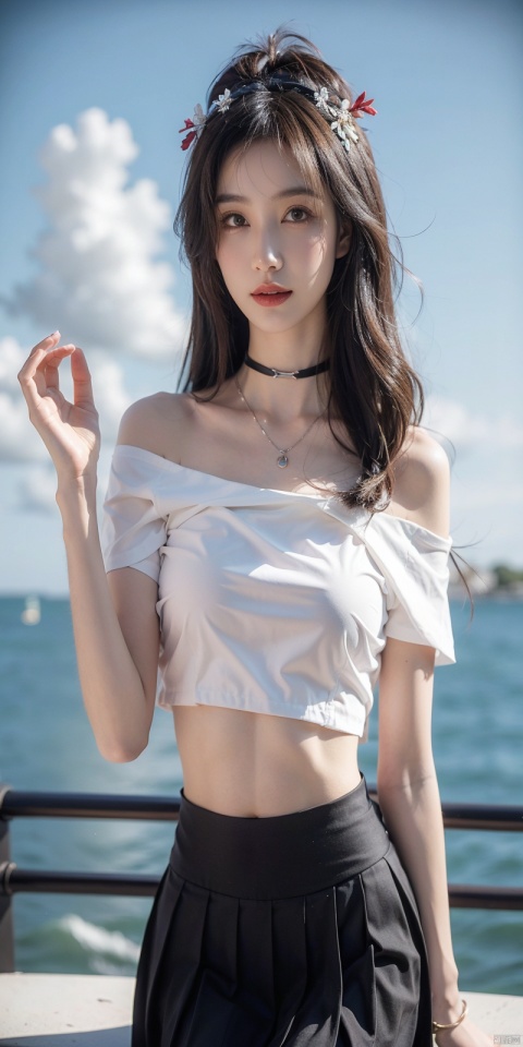  cowboy_shot,(Good structure), DSLR Quality,Short skirt,Blue sky, white clouds, ocean, nai3, 1girl, solo, crop top, , choker, navel, shirt, midriff, crop top overhang, looking at viewer, white shirt, jewelry, breasts, bare shoulders, off-shoulder shirt, off shoulder, black choker, thighs, stomach, long hair, bracelet, short sleeves, ribbon, hand up, collarbone, hair ribbon, medium breasts, , bra strap, , hair ornament, thigh gap, necklace, expressionless, , ,kind smile, , , , linzhiling, wangyushan, miniJK
