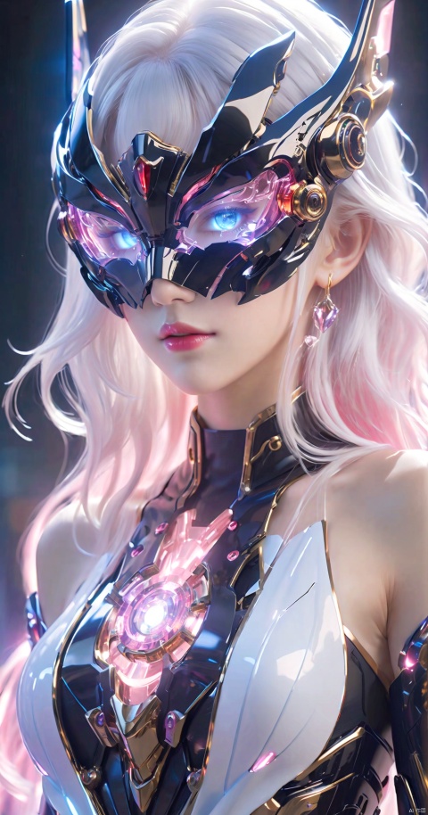  Dimensional Armory,wearing black and red, Anime girl in bare-shoulder dress,with long white hair,wearing black glasses frame,glowing pink special effects,gradient blue and pink Lights,light blue background,rich details,Expose the mechanical mask of the eyes,ultra high resolution,32K UHD,best quality,masterpiece,