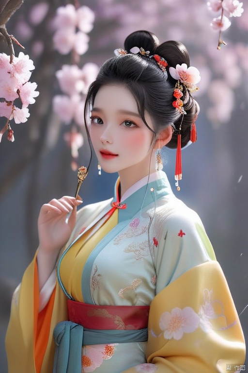 breathtaking 1girl,solo,flower,hair bun,hanfu,award-winning,professional,highly detailed