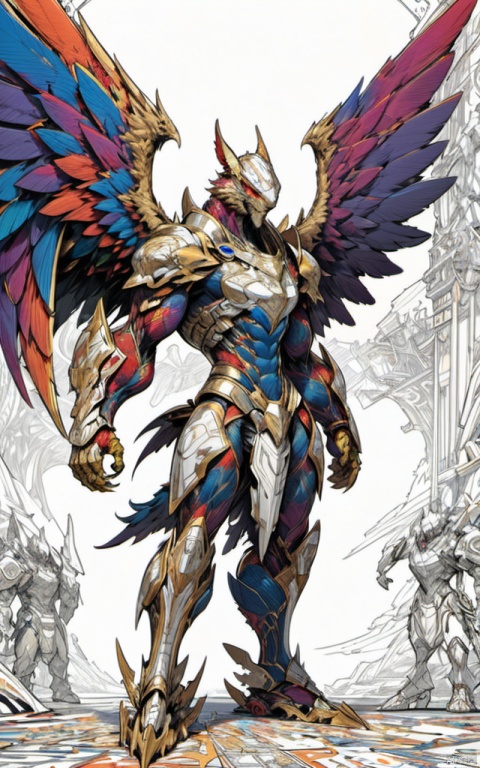  gameplay style, masterpiece, best quality, line art, line style, furry boy, color chaos theme, chitin armor,slim limbs,small helmet,Extremely massive wings,Golden ratio body,full body,long body,strong body