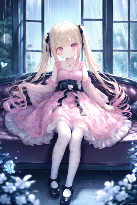  1girl, loli, blush, long hair, gradient hair, straight hair, twintails, pink dress,
gothic lolita, lolita dress, see-through, wide sleeves, medium breasts, bow, layered dress, lace, necklace, ribbon,
white pantyhose, print pantyhose,
sitting, looking at viewer, full body, expressionless, 
indoors, big window, sash, moonlight, rain, 
onnk, [butterfly:0.8],
masterpiece, best quality, blurry background, depth of field, , tinkle, doll