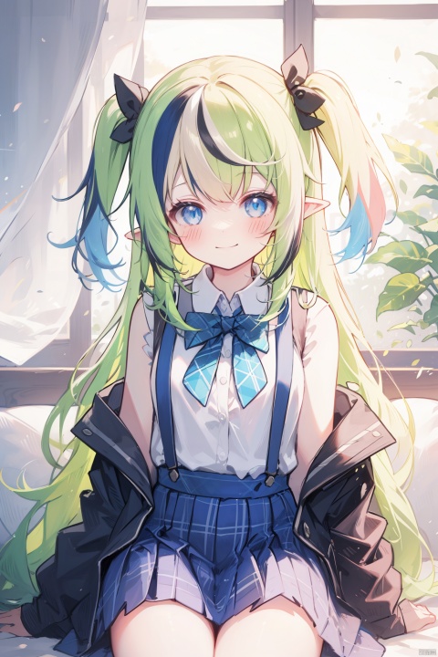  (best quality), (masterpiece),1girl, blonde hair, skirt, solo, smile, long hair, shirt, jacket, looking at viewer, sitting, white shirt, two side up, blue eyes, virtual youtuber, pointy ears, multicolored hair, very long hair, bangs, suspenders, black jacket, blush, plaid, blue skirt, sleeves past wrists, collared shirt, off shoulder, bow, green hair, plaid skirt, suspender skirt, open jacket, sleeveless shirt, two-tone hair, streaked hair