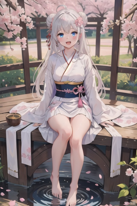  1girl, solo, long hair, looking at viewer, blush, smile, open mouth, bangs, blue eyes, hair ornament, long sleeves, jewelry, sitting, very long hair, full body, flower, ahoge, white hair, :d, earrings, japanese clothes, barefoot, hand up, hair flower, wide sleeves, kimono, water, hair bun, feet, legs, sash, petals, bare legs, double bun, toes, floral print, bug, cherry blossoms, butterfly, tassel, knees up, pink flower, lantern