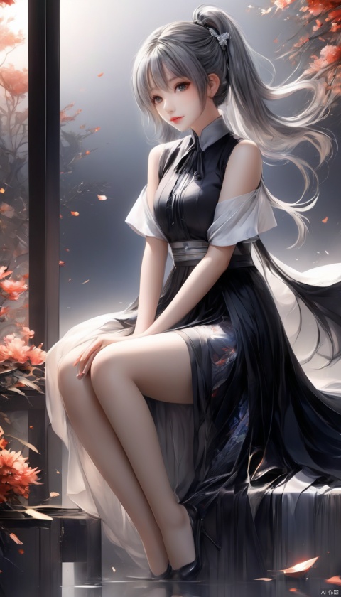  (Anime style:0.6),(hanfu style:0.8),[(white background:1.4)::5], (imid shot:0.95), (full body:1.25), Dynamic angle, (official art), extremely delicate and beautiful,(by exquisite colors block),
2d, (fantasy), depth of field, //
1girl, sitting, looking at viewer, full body,loli, solo,(<blue+grey> eyes), sidelocks, long white ponytail, (long grey hair:1.1),bangs, earrings,medium
breasts, sleeveless shirt, bare shoulders, black skirt, white shirt, black vest, black necktie,black collared shirt, bare arms, (miniskirt:1.2), black pantyhose, closed mouth, shadow,black vest, pleated skirt, jewelry, sleeveless, thighband pantyhose, [black footwear], high heels, //
(grey and black gradient background, gradient),[golden cubes]
//
in flower blossoms