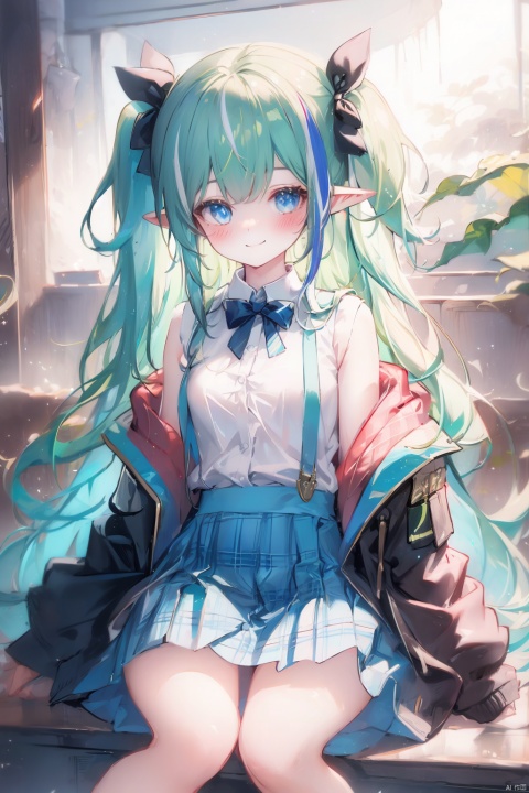  (best quality), (masterpiece),1girl, blonde hair, skirt, solo, smile, long hair, shirt, jacket, looking at viewer, sitting, white shirt, two side up, blue eyes, virtual youtuber, pointy ears, multicolored hair, very long hair, bangs, suspenders, black jacket, blush, plaid, blue skirt, sleeves past wrists, collared shirt, off shoulder, bow, green hair, plaid skirt, suspender skirt, open jacket, sleeveless shirt, two-tone hair, streaked hair