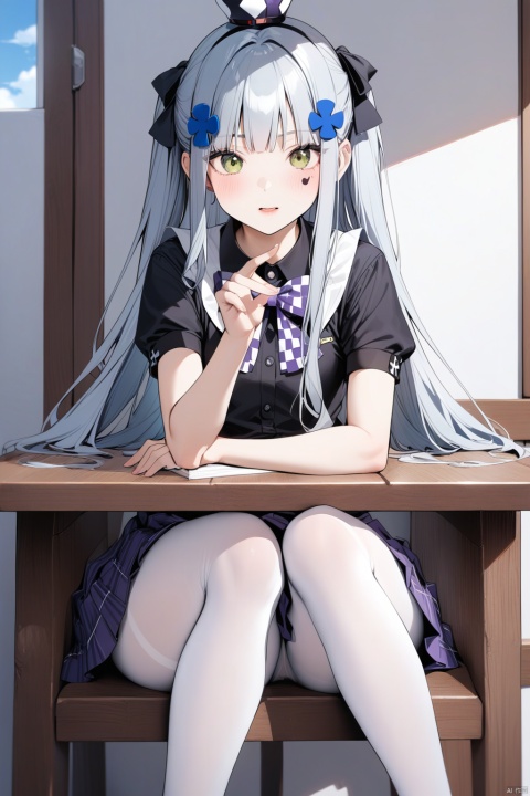  1girl, hk416 \(black kitty's gift\) \(girls' frontline\), girls' frontline,13 years old,
An anime girl with pink long hair and brown eyes is sitting with her legs crossed on a surface, likely a table, with a spirited expression on her face. She is dressed in a black shirt, adorned with a purple bow, and a purple skirt. The attire suggests a school uniform, complete with white pantyhose. There are windows behind her, showing a view of a blue sky with white clouds. The character exudes an energetic vibe, which is further emphasized by her raised hand with fingers spread, signifying a sense of boldness or readiness. There is no visible crown on her head, and her socks are described as black. Additionally, the presence of a black strap could indicate a part of her uniform or accessory. The surrounding elements are not fully described, and her seating could be on a metal, wood, or gray table.
ultra-detailed,best quality,(masterpiece),