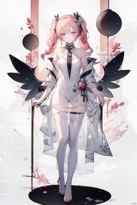  1girl, solo, long hair, looking at viewer, blush, bangs, simple background, thighhighs, white background, dress, bare shoulders, twintails, closed mouth, standing, full body, pink hair, wings, barefoot, pink eyes, white dress, white thighhighs, see-through, hitoroa