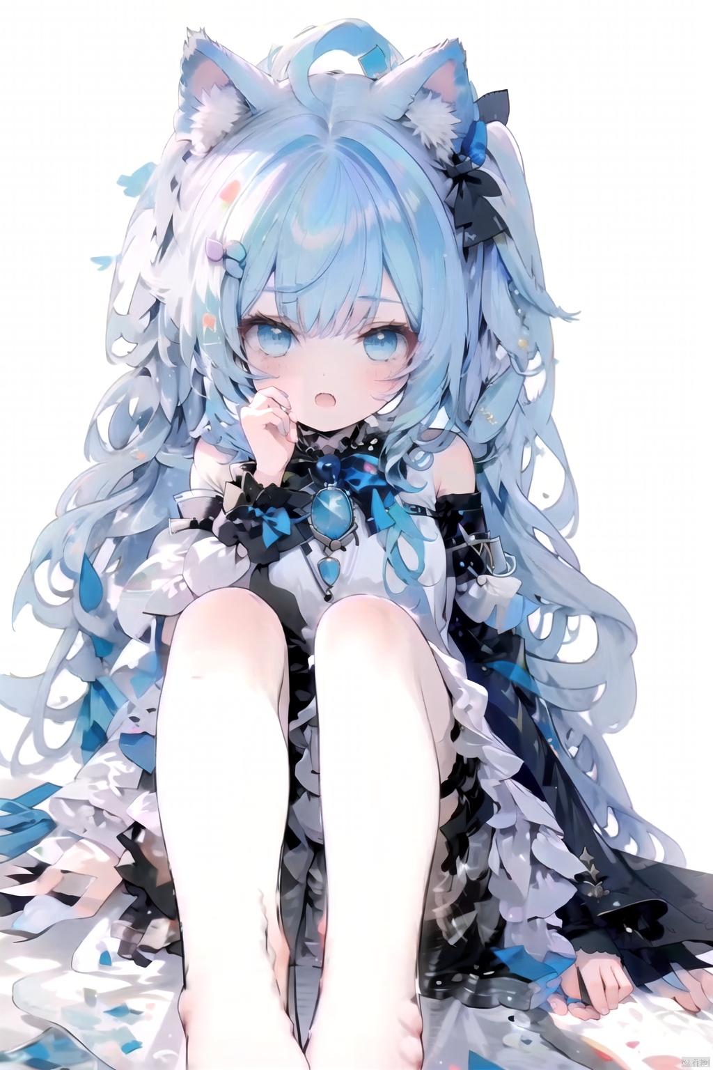  1girl, virtual_youtuber, paw_pose, tail, solo, dress, ahoge, cat_ears, animal_ears, hair_ornament, blue_eyes, cat_tail, hairclip, white_dress, open_mouth, looking_at_viewer, off-shoulder_dress, long_hair, halter_dress, ****_shoulders, blue_hair, blush, bangs, simple_background, white_background, detached_sleeves, halterneck, ribbon, cat_girl, bow, off_shoulder, fang, two_side_up, layered_dress, animal_ear_fluff