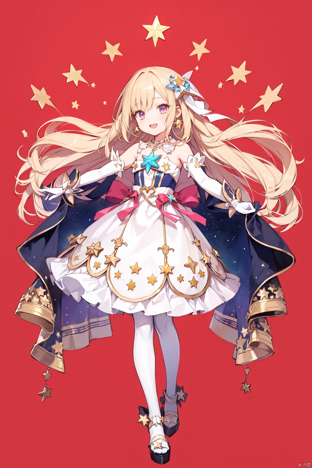  1girl, blonde_hair, dress, elbow_gloves, full_body, gloves, long_hair, magical_girl, open_mouth, outstretched_arms, pink_background, red_background, saint_quartz_\(fate\), smile, solo, standing, star_\(symbol\), star_earrings, star_hair_ornament, star_necklace, star_pasties, star_print, starfish, starry_background, very_long_hair, white_dress, white_gloves, white_legwear