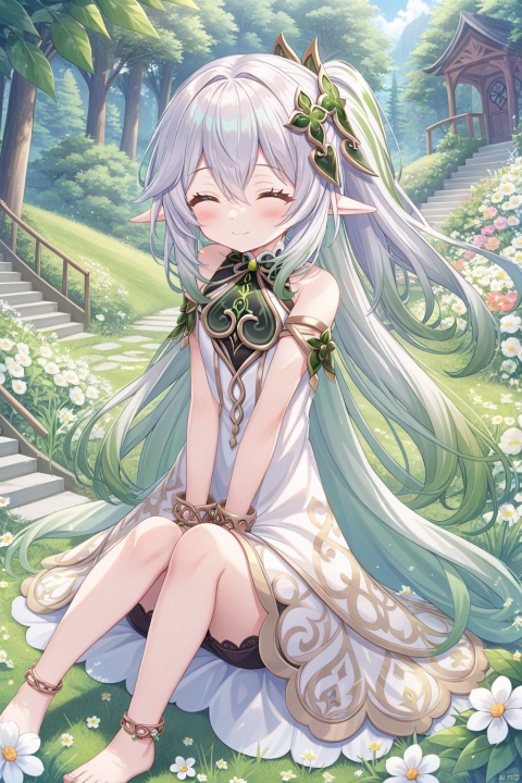  1girl, solo, long hair, blush, smile, bangs, hair ornament, dress, hair between eyes, bare shoulders, jewelry, sitting, very long hair, closed mouth, full body, closed eyes, flower, white hair, multicolored hair, outdoors, green hair, barefoot, day, pointy ears, white dress, side ponytail, bracelet, feet, tree, bare legs, gradient hair, toes, black shorts, grass, plant, white flower, nature, facing viewer, knees up, forest, stairs, shorts under dress, nahida \(genshin impact\)