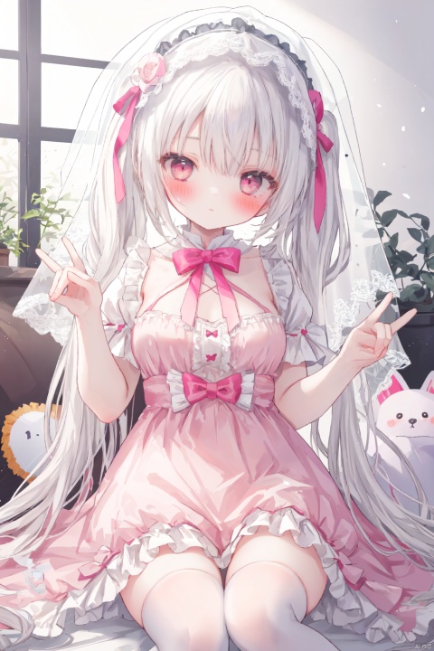  1girl, very long hair, twintails, white hair, loli, hair ribbon, pink dress,
dutch angle,, sitting, head tilt, medium breasts, fox shadow puppet, hood, veil,
white background, simple background, depth of field, blurry background,
stronge sunlight, window, white wall, stuffed toy, white thighhighs, frilled thighhighs, 
shamed, blush,
masterpiece, best quality, hdr, onnk, bow, frills, ,