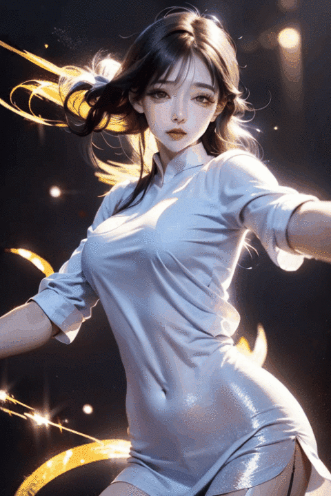  zhongfenghua,(Upper body),1girl,depth of field, (floating colorful sparkles), (dynamic pose),elegant, a brutalist designed, vivid colours, romanticism,expressive brush strokes, white shirt