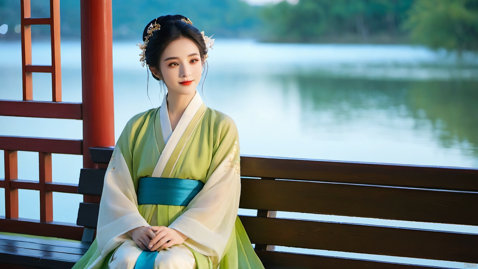  A white Hanfu beauty, moonlight shining on her face, gentle, with a beautiful lakeside background at night, shooting stars, a beautiful woman, cheeks slightly red, smiling, wearing black hair, sitting on a bench in the lakeside pavilion, traditional Chinese clothing, handsome appearance, traditional Chinese fairy tales, spring breeze brushing her face, cold expression, cinnabar on her eyebrows, slender eyebrows, golden special effects, pearl curtains, warm, gorgeous brown eyes, golden silk threads on the clothes, hair buns, handsome, gentle, green ribbons, blue hair crowns, beautiful semi three-dimensional style, upper half in the new moon At night, the gentle breeze touches the heartstrings, emitting a handsome and ethereal aura, unparalleled beauty. It exudes a poetic and picturesque scholarly atmosphere, exudes ethnic charm, exudes exquisite facial features, and has perfect facial features.