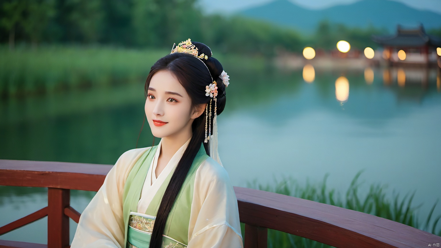 A white Hanfu beauty, moonlight shining on her face, gentle, with a beautiful lakeside background at night, shooting stars, a beautiful woman, cheeks slightly red, smiling, wearing black hair, sitting on a bench in the lakeside pavilion, traditional Chinese clothing, handsome appearance, traditional Chinese fairy tales, spring breeze brushing her face, cold expression, cinnabar on her eyebrows, slender eyebrows, golden special effects, pearl curtains, warm, gorgeous brown eyes, golden silk threads on the clothes, hair buns, handsome, gentle, green ribbons, blue hair crowns, beautiful semi three-dimensional style, upper half in the new moon At night, the gentle breeze touches the heartstrings, emitting a handsome and ethereal aura, unparalleled beauty. It exudes a poetic and picturesque scholarly atmosphere, exudes ethnic charm, exudes exquisite facial features, and has perfect facial features.