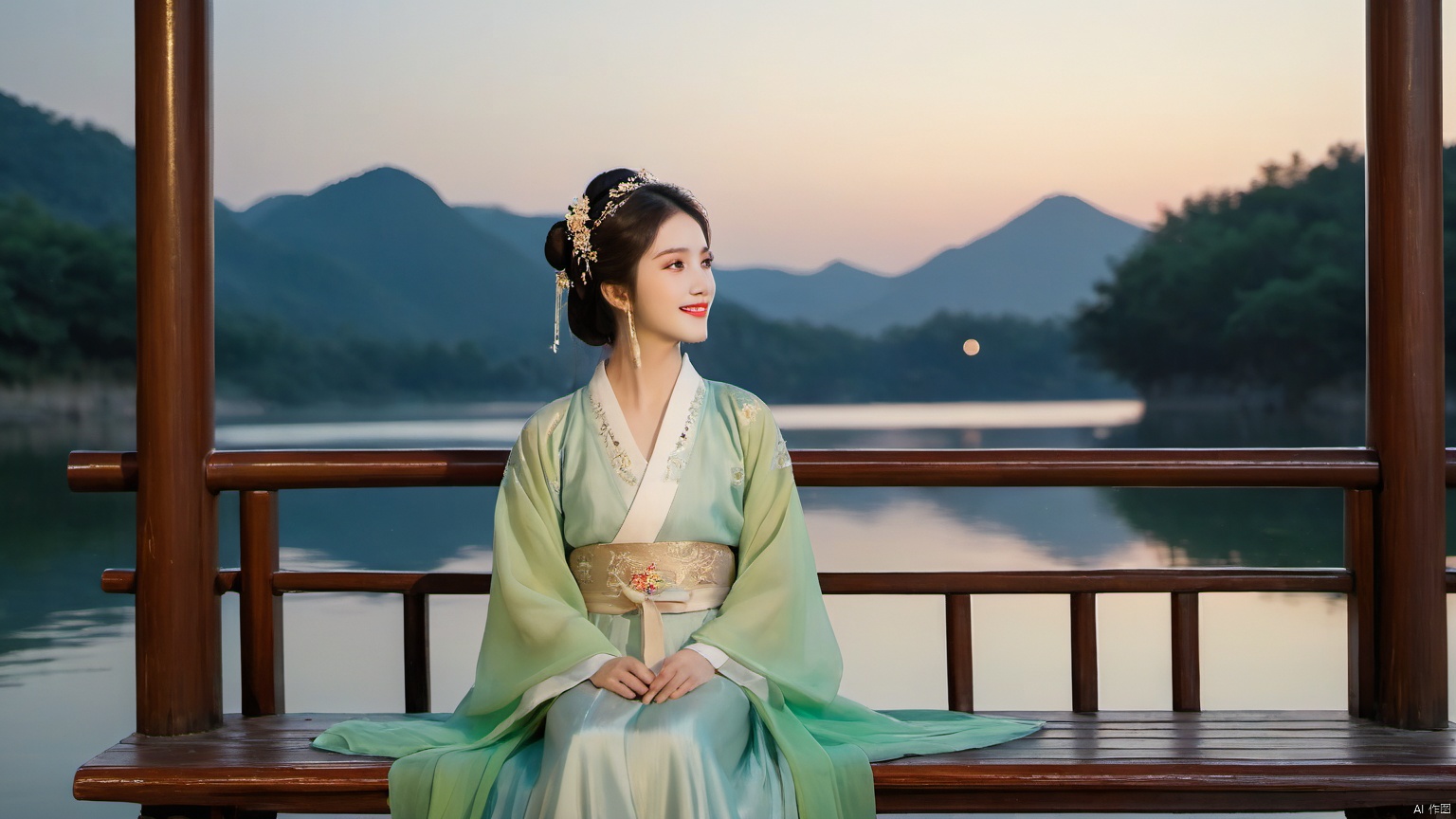  A white Hanfu beauty, moonlight shining on her face, gentle, with a beautiful lakeside background at night, shooting stars, a beautiful woman, cheeks slightly red, smiling, wearing black hair, sitting on a bench in the lakeside pavilion, traditional Chinese clothing, handsome appearance, traditional Chinese fairy tales, spring breeze brushing her face, cold expression, cinnabar on her eyebrows, slender eyebrows, golden special effects, pearl curtains, warm, gorgeous brown eyes, golden silk threads on the clothes, hair buns, handsome, gentle, green ribbons, blue hair crowns, beautiful semi three-dimensional style, upper half in the new moon At night, the gentle breeze touches the heartstrings, emitting a handsome and ethereal aura, unparalleled beauty. It exudes a poetic and picturesque scholarly atmosphere, exudes ethnic charm, exudes exquisite facial features, and has perfect facial features.