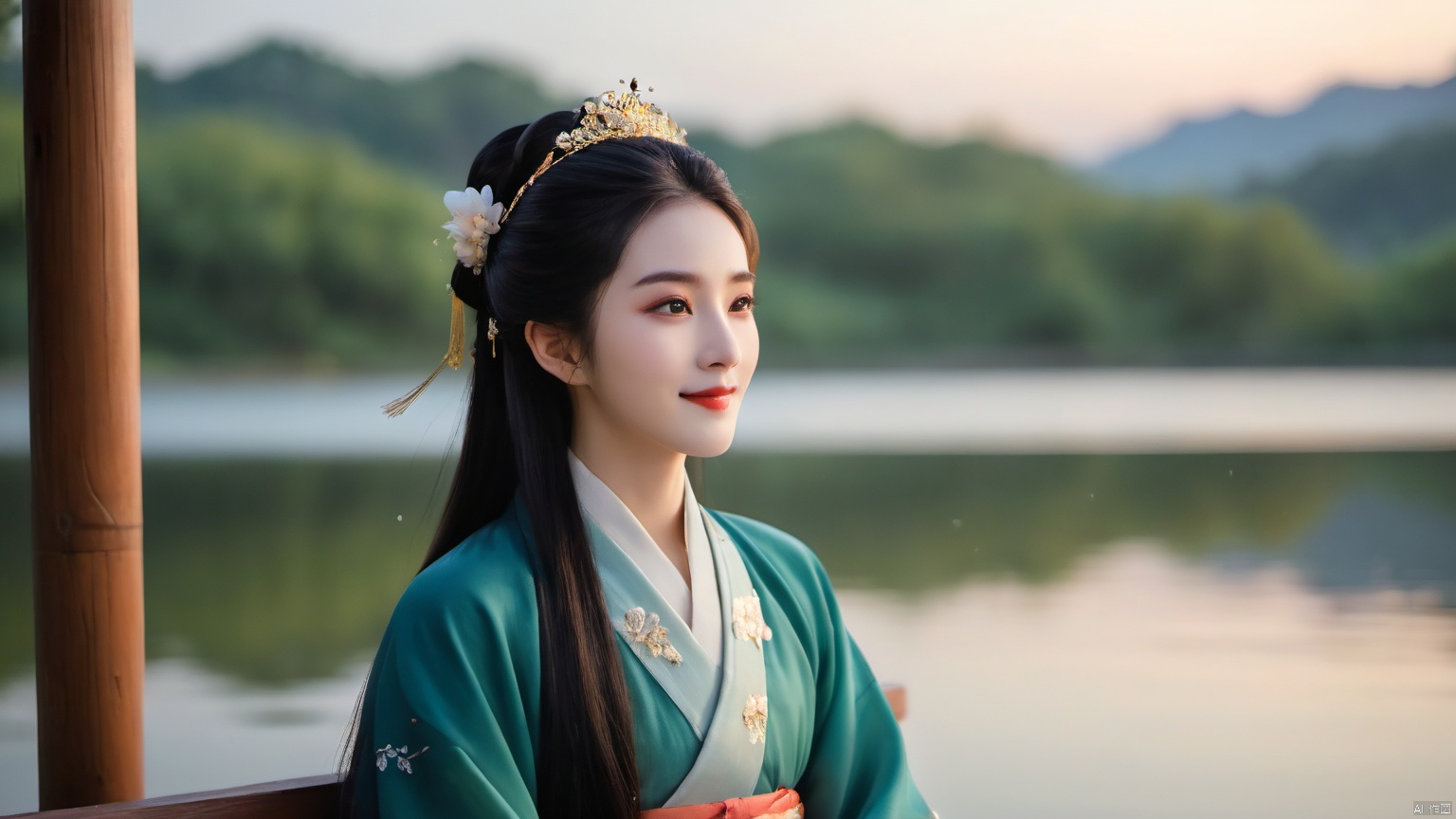  A white Hanfu beauty, moonlight shining on her face, gentle, with a beautiful lakeside background at night, shooting stars, a beautiful woman, cheeks slightly red, smiling, wearing black hair, sitting on a bench in the lakeside pavilion, traditional Chinese clothing, handsome appearance, traditional Chinese fairy tales, spring breeze brushing her face, cold expression, cinnabar on her eyebrows, slender eyebrows, golden special effects, pearl curtains, warm, gorgeous brown eyes, golden silk threads on the clothes, hair buns, handsome, gentle, green ribbons, blue hair crowns, beautiful semi three-dimensional style, upper half in the new moon At night, the gentle breeze touches the heartstrings, emitting a handsome and ethereal aura, unparalleled beauty. It exudes a poetic and picturesque scholarly atmosphere, exudes ethnic charm, exudes exquisite facial features, and has perfect facial features.