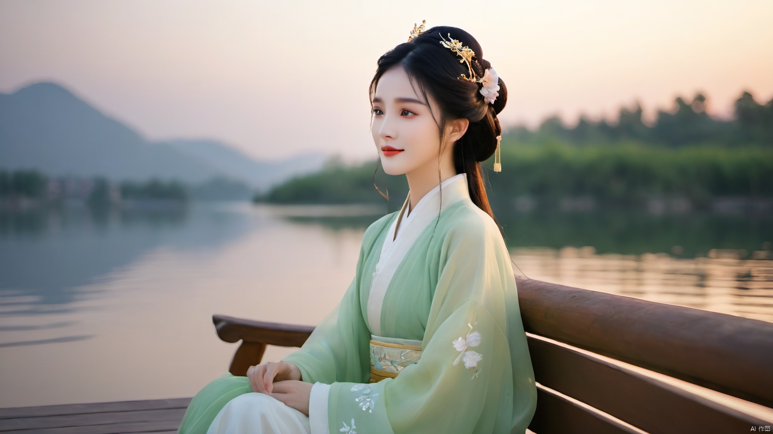  A white Hanfu beauty, moonlight shining on her face, gentle, with a beautiful lakeside background at night, shooting stars, a beautiful woman, cheeks slightly red, smiling, wearing black hair, sitting on a bench in the lakeside pavilion, traditional Chinese clothing, handsome appearance, traditional Chinese fairy tales, spring breeze brushing her face, cold expression, cinnabar on her eyebrows, slender eyebrows, golden special effects, pearl curtains, warm, gorgeous brown eyes, golden silk threads on the clothes, hair buns, handsome, gentle, green ribbons, blue hair crowns, beautiful semi three-dimensional style, upper half in the new moon At night, the gentle breeze touches the heartstrings, emitting a handsome and ethereal aura, unparalleled beauty. It exudes a poetic and picturesque scholarly atmosphere, exudes ethnic charm, exudes exquisite facial features, and has perfect facial features.