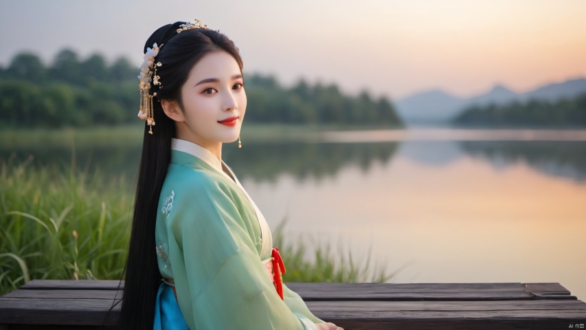  A white Hanfu beauty, moonlight shining on her face, gentle, with a beautiful lakeside background at night, shooting stars, a beautiful woman, cheeks slightly red, smiling, wearing black hair, sitting on a bench in the lakeside pavilion, traditional Chinese clothing, handsome appearance, traditional Chinese fairy tales, spring breeze brushing her face, cold expression, cinnabar on her eyebrows, slender eyebrows, golden special effects, pearl curtains, warm, gorgeous brown eyes, golden silk threads on the clothes, hair buns, handsome, gentle, green ribbons, blue hair crowns, beautiful semi three-dimensional style, upper half in the new moon At night, the gentle breeze touches the heartstrings, emitting a handsome and ethereal aura, unparalleled beauty. It exudes a poetic and picturesque scholarly atmosphere, exudes ethnic charm, exudes exquisite facial features, and has perfect facial features.