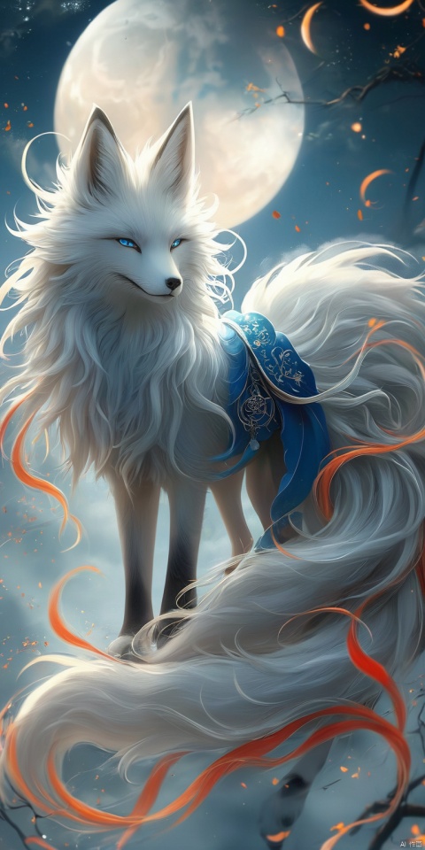 weapon, sky, sword, star \(symbol\), no humans, night, moon, star \(sky\), full moon, blue theme, shanhaijing,nine tailed fox
