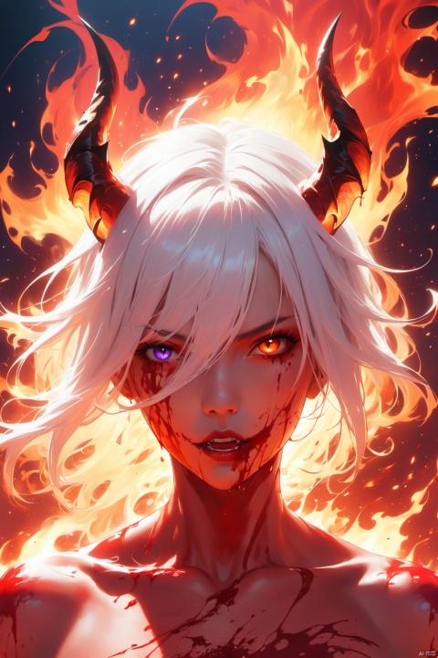 White hair, horns shining with fire,Exquisite and delicate large horns,Lower your head and look at the camera,Demon king, red skin,black flame,Black fire ignited on the body,kingly demeanor,Bloodthirsty eyes, vicious eyes,ID photo,strong, ferocious,  splashing blood, best quality,Amazing,finely detail,Depth of field,extremely detailed CG unity 8k wallpaper,masterpiece,cosmic eyes,Shock sensation, (realistic :0.5),hybrid