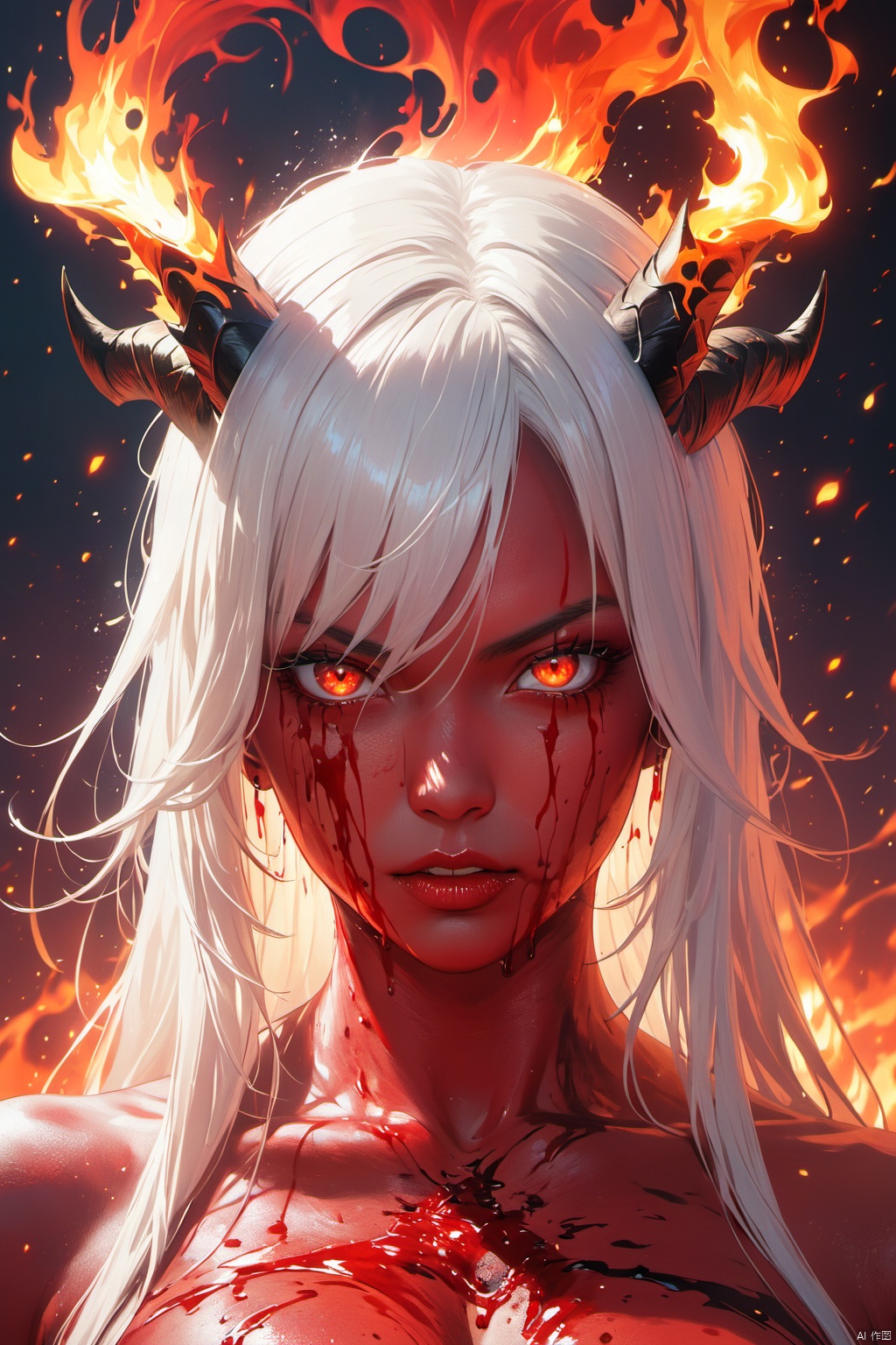 White hair, horns shining with fire,Exquisite and delicate large horns,Lower your head and look at the camera,Demon king, red skin,black flame,Black fire ignited on the body,kingly demeanor,Bloodthirsty eyes, vicious eyes,ID photo,strong, ferocious,  splashing blood, best quality,Amazing,finely detail,Depth of field,extremely detailed CG unity 8k wallpaper,masterpiece,cosmic eyes,Shock sensation, (realistic :0.5),hybrid