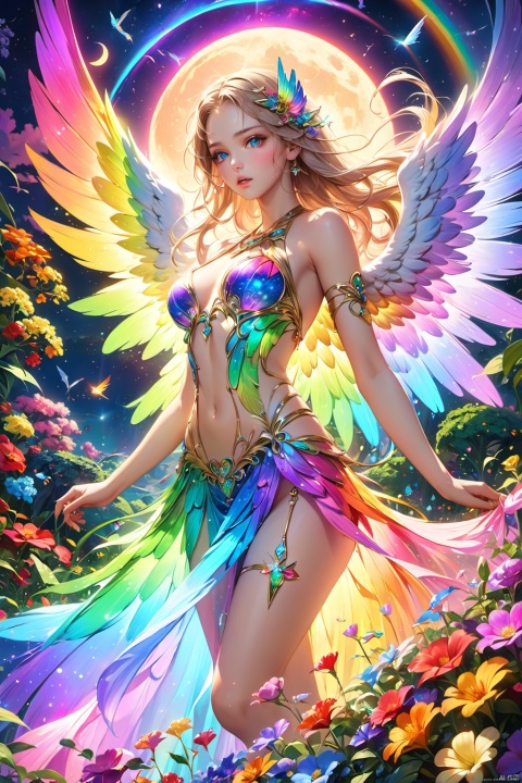 Rainbow, colorful wings, full moon, sacred, in the Garden of Eden,The beautiful angel is calling,love, best quality,Amazing,finely detail,Depth of field,extremely detailed CG unity 8k wallpaper,masterpiece,cosmic eyes,Shock sensation,(realistic :0.5),His eyes are as determined as the wind,