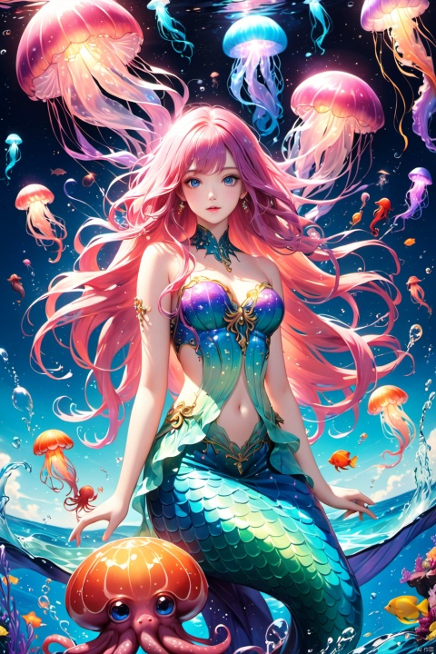ID photo,Eyes as deep as the starry sky,Mermaid, long flowing hair,  love, best quality,Amazing,finely detail,Depth of field,extremely detailed CG unity 8k wallpaper,Deep sea background,jellyfish,masterpiece,fluttered detailed splashs, beautiful detailed water,cosmic eyes,Shock sensation,(realistic :0.5),octopus,original