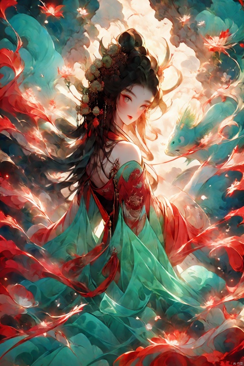 Looking back and smiling,strong man,red clothes,Queen,Bloody pupils,Apparition,Dunhuang dress style,Half lying in bed,evil, bad woman, seductive,Laugh wildly, vertical pupils, big fish and begonia, hunv,bare shoulders