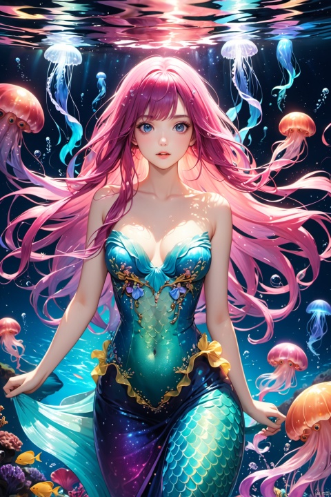 ID photo,Eyes as deep as the starry sky,Mermaid, long flowing hair,  love, best quality,Amazing,finely detail,Depth of field,extremely detailed CG unity 8k wallpaper,Deep sea background,jellyfish,masterpiece,fluttered detailed splashs, beautiful detailed water,cosmic eyes,Shock sensation,(realistic :0.5),octopus,original