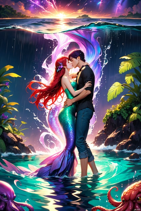 It rains heavily at night, kiss the mermaid, meet in the water, build a small island with love,masterpiece,fluttered detailed splashs, beautiful detailed water,cosmic eyes,Shock sensation,(realistic :0.5),octopus,original,purple hair:red hair:0.2