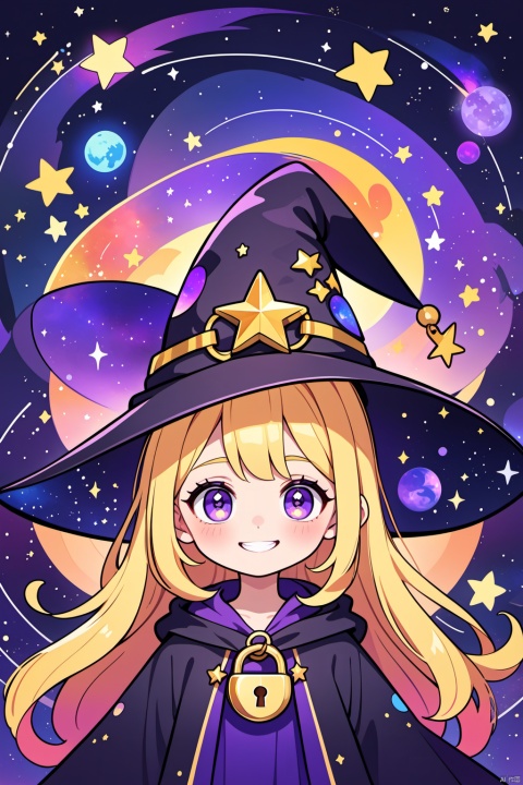  Children's picture book style,female character,galaxy-themed clothing,Witch, black robe, witch hat,long hair,Blonde hair mixed with a lock of purple hair,big round eyes,heterochromatic pupils,light abstract background,stars,constellations,Court juror silhouette,vibrant colors,hang the head,celestial,whimsical,portrait,colorful,modern art,Illustration,Smile,
masterpiece, newest, absurdres, safe