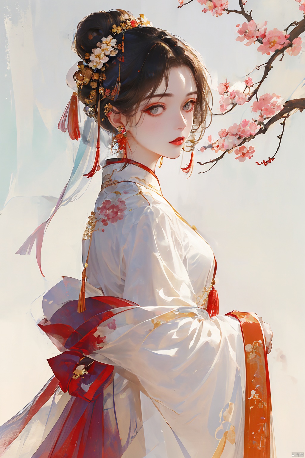 1girl, solo, looking at viewer, very long hair, black hair, hair ornament, jewelry, closed mouth, upper body, flower, earrings, hair flower, hair bun, from side, looking to the side, grey eyes, chinese clothes, tassel, red lips, cherry shirt, cherry dress, cherry flower, flower earrings,hanfu