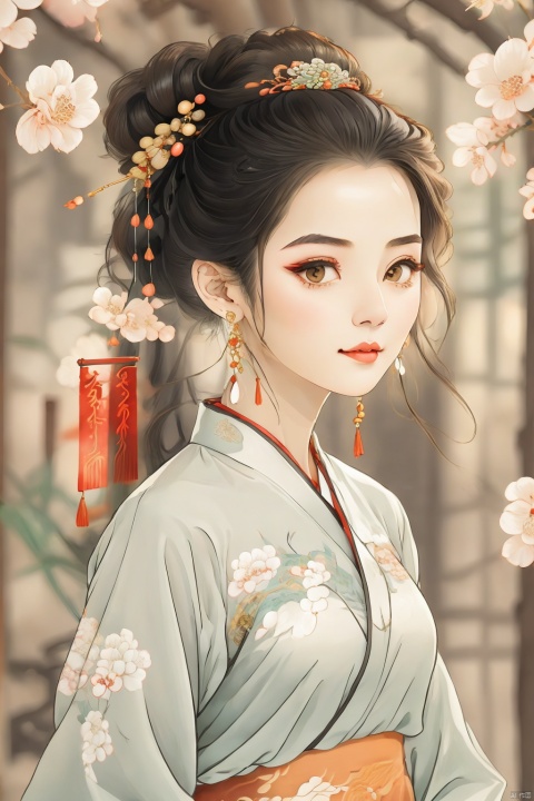 1girl, solo, long hair, looking at viewer, black hair, hair ornament, upper body, ponytail, flower, outdoors, blurry, petals, chinese clothes, jewelry, closed mouth, upper body, flower, earrings, hair bun, sash, chinese clothes, tassel, tassel earrings, hanfu,cherry_blossom,guoflinke, qingyi, lj