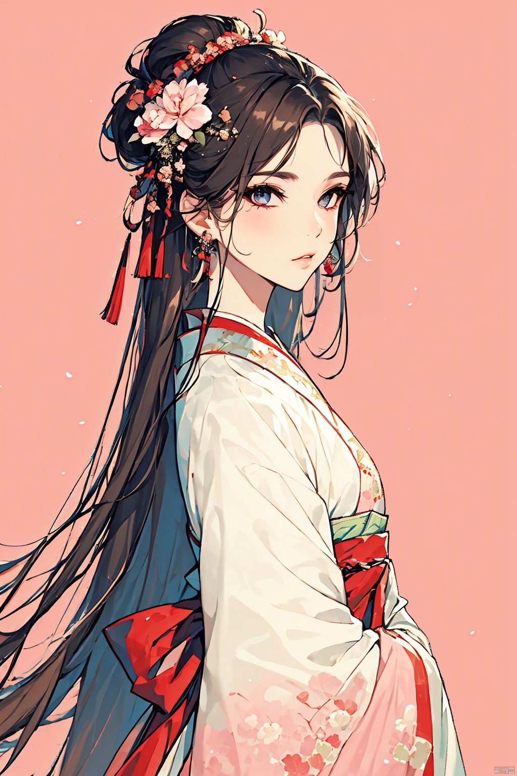 1girl, solo, very long hair, looking at viewer, brown hair, black hair, hair ornament, long sleeves, ribbon, jewelry, closed mouth, upper body, flower, earrings, hair flower, from side, chinese clothes, pink background, pink theme, hanfu, jijianchahua