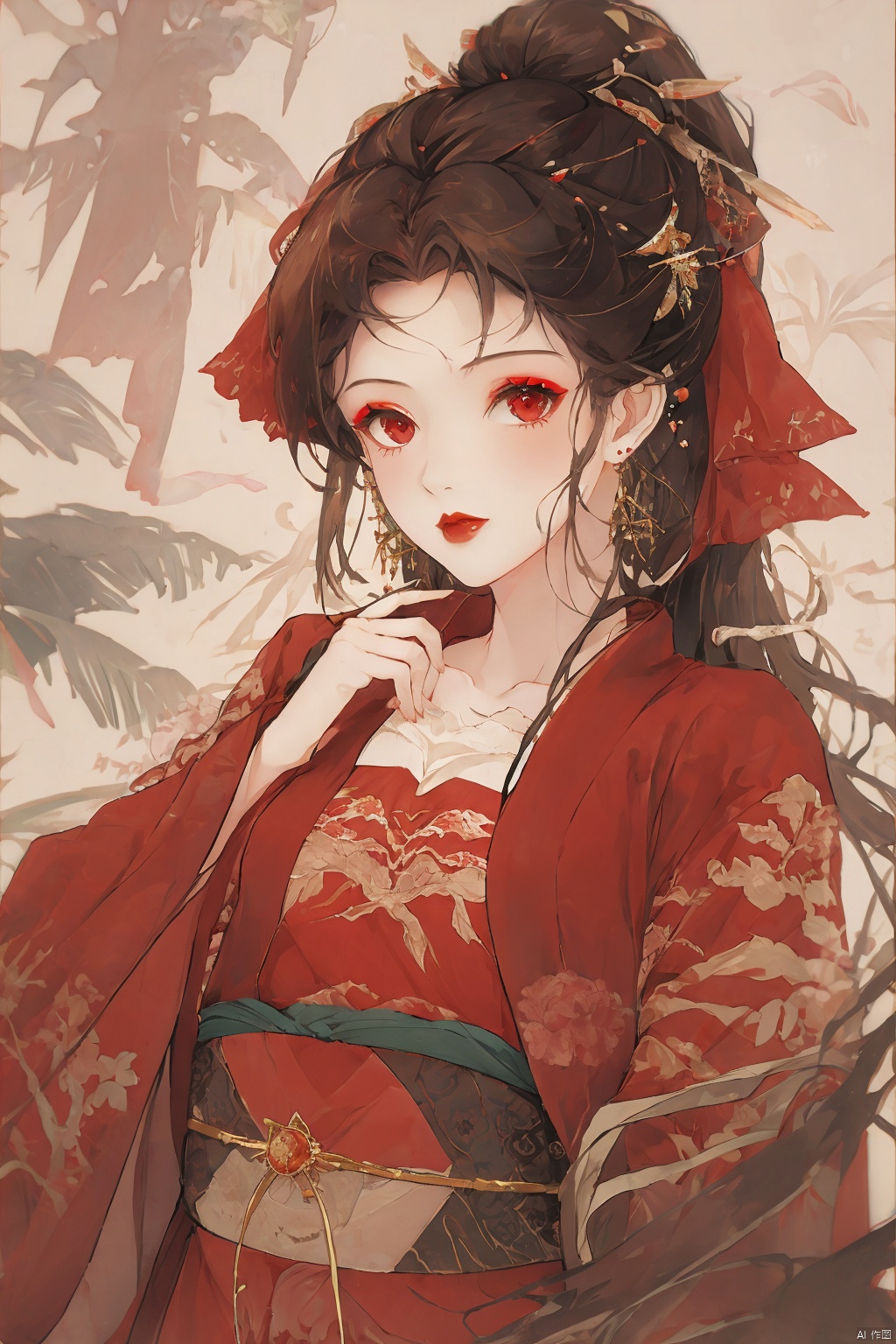 1girl, solo, long hair, looking at viewer, bangs, black hair, hair ornament, red eyes, long sleeves, ribbon, jewelry, hair ribbon, upper body, ponytail, flower, earrings, outdoors, hair flower, blurry, red ribbon, sash, makeup, blurry background, chinese clothes, obi, floral print, lipstick, hand on own chest, red flower, red lips,
