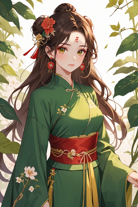 1girl, solo, long hair, looking at viewer, brown hair, hair ornament, long sleeves, dress, jewelry, closed mouth, upper body, flower, earrings, hair flower, wide sleeves, hair bun, sash, leaf, chinese clothes, green dress, forehead mark, hanfu