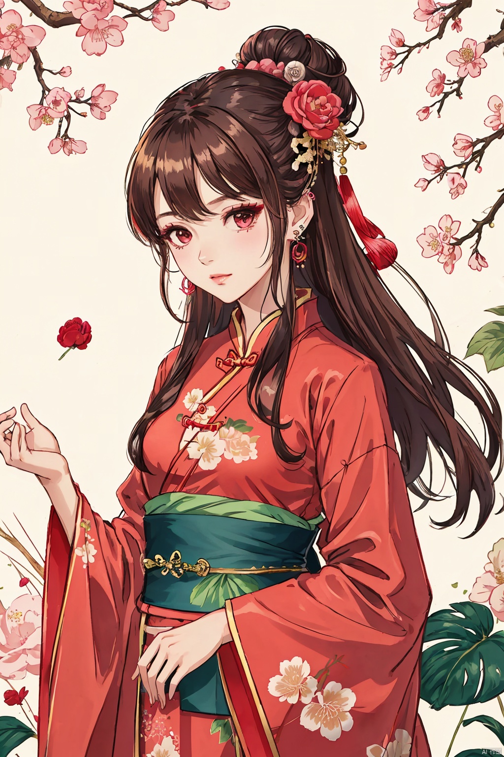  1girl, solo, long hair, looking at viewer, brown hair, hair ornament, long sleeves, dress, jewelry, closed mouth, upper body, flower, earrings, hair flower, wide sleeves, hair bun, sash, leaf, chinese clothes, pink dress, hanfu