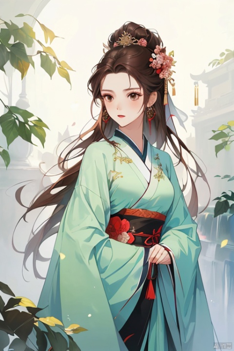  (masterpiece, top quality, best quality, official art, beautiful and aesthetic:1.2),gf-hd, 1girl, solo, hair ornament, very long hair,jewelry, dress, red dress, earrings, chinese clothes, brown hair, ribbon, hanfu, red ribbon, shawl