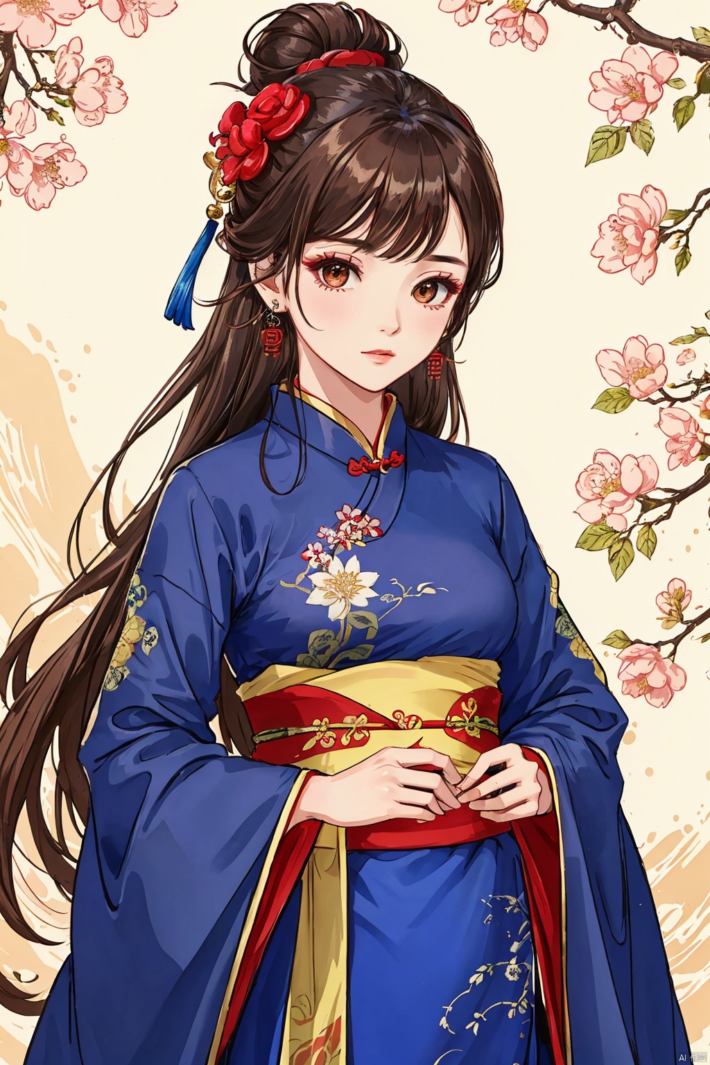 1girl, solo, long hair, looking at viewer, brown hair, hair ornament, long sleeves, dress, jewelry, closed mouth, upper body, flower, earrings, hair flower, wide sleeves, hair bun, sash, leaf, chinese clothes, blue dress, hanfu