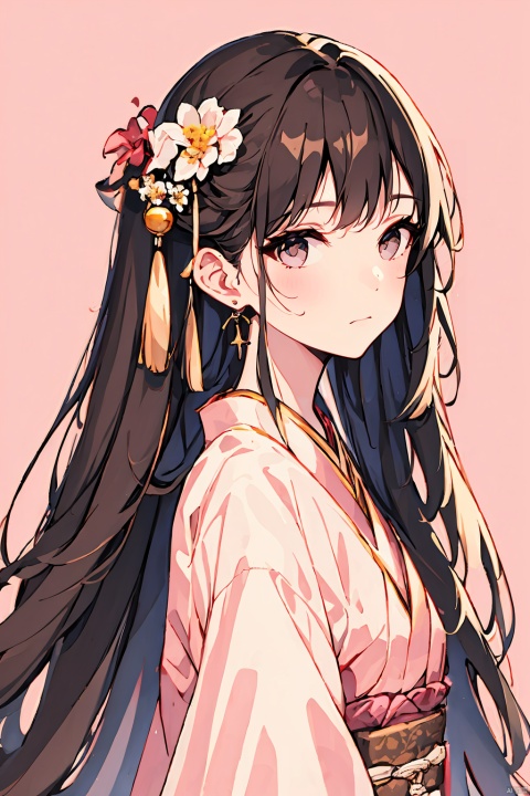 1girl, solo, very long hair, looking at viewer, brown hair, black hair, hair ornament, long sleeves, ribbon, jewelry, closed mouth, upper body, flower, earrings, hair flower, from side, chinese clothes, pink background, pink theme, hanfu, jijianchahua, xihuabeauty