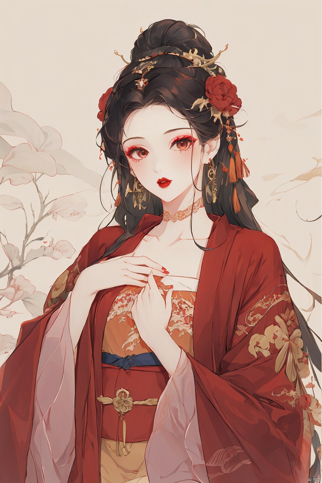 1girl, solo, long hair, black hair, hair ornament, long sleeves, dress, jewelry, upper body, flower, earrings, hair flower, wide sleeves, hair bun, sash, makeup, chinese clothes, single hair bun, hand on own chest, tassel, red lips, hanfu