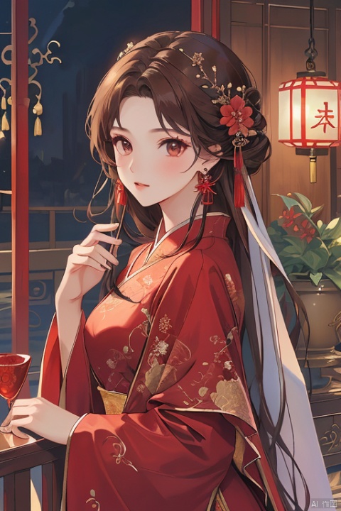  (masterpiece, top quality, best quality, official art, beautiful and aesthetic:1.2),gf-hd, 1girl, solo, hair ornament, very long hair,jewelry, dress, red dress, earrings, chinese clothes, brown hair, ribbon, hanfu, red ribbon, shawl