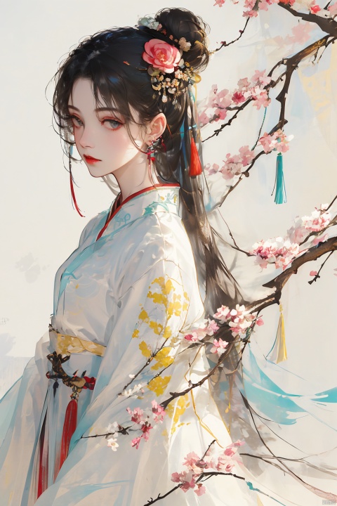 1girl, solo, looking at viewer, very long hair, black hair, hair ornament, jewelry, closed mouth, upper body, flower, earrings, hair flower, hair bun, from side, looking to the side, grey eyes, chinese clothes, tassel, red lips, cherry shirt, cherry dress, cherry flower, flower earrings,hanfu