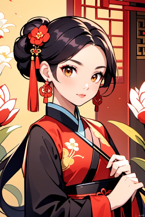 1girl, solo, long hair, looking at viewer, black hair, hair ornament, long sleeves, holding, jewelry, closed mouth, upper body, flower, earrings, hair bun, sash, chinese clothes, tassel, tassel earrings, hanfu