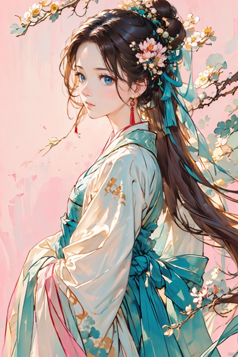  1girl, solo, very long hair, looking at viewer, brown hair, black hair, hair ornament, long sleeves, ribbon, jewelry, closed mouth, upper body, flower, earrings, hair flower, from side, chinese clothes, pink background, white theme, hanfu, jijianchahua, xihuabeauty, guoflinke