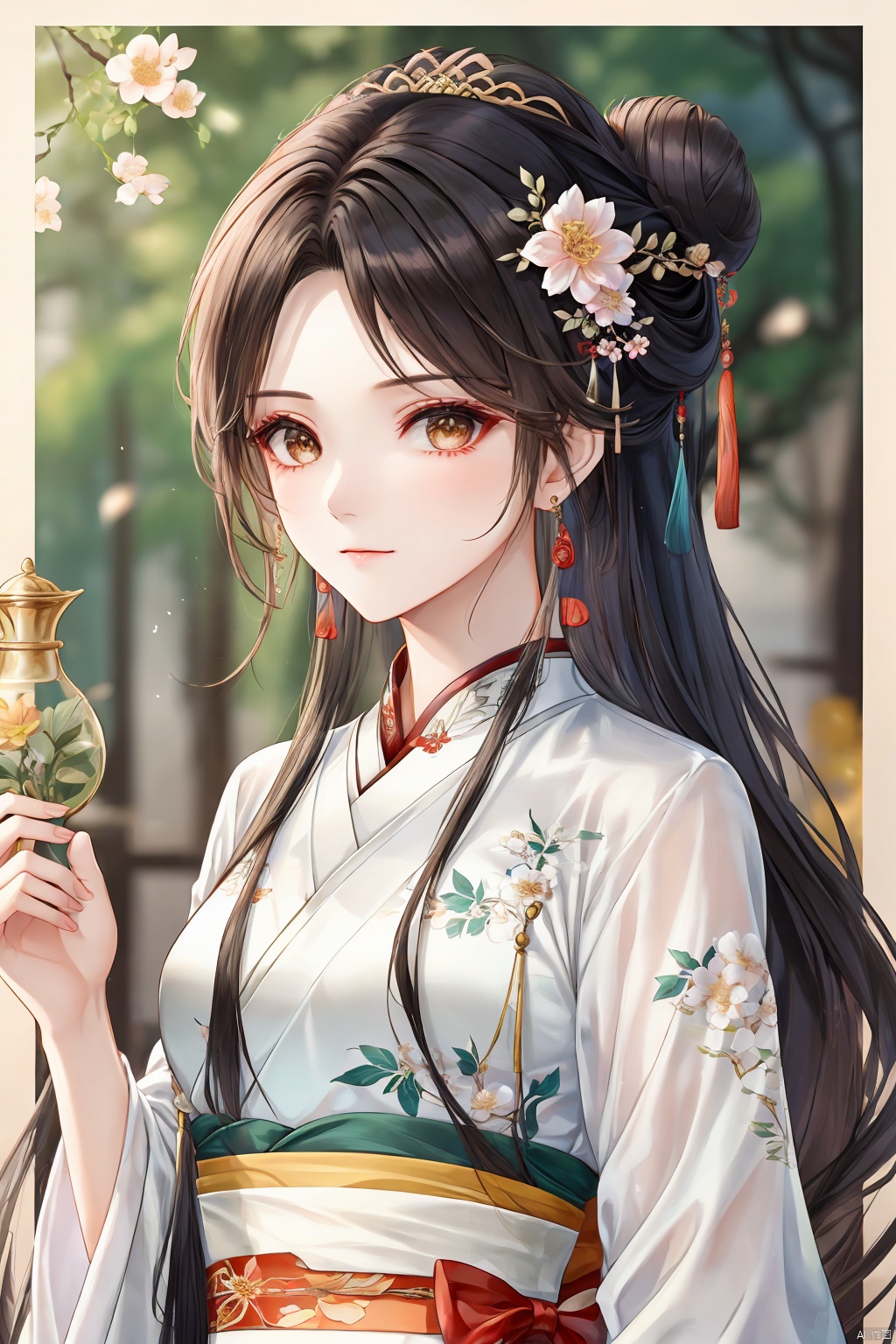 1girl, solo, long hair, looking at viewer, black hair, hair ornament, long sleeves, holding, jewelry, closed mouth, upper body, flower, earrings, hair bun, sash, chinese clothes, tassel, tassel earrings, hanfu, guoflinke, qingyi, lj