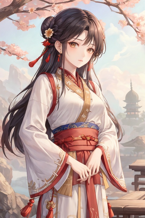 1girl, solo, long hair, looking at viewer, black hair, hair ornament, long sleeves, holding, jewelry, closed mouth, upper body, flower, earrings, hair bun, sash, chinese clothes, tassel, tassel earrings, hanfu, guoflinke